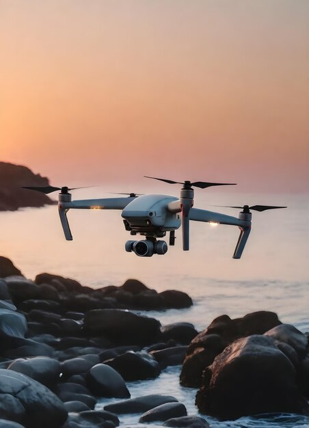 Een drone die tijdens de zonsondergang over een rotsachtige kustlijn vliegt