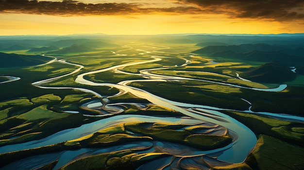 een drone-luchtfoto van een rivier en groene velden Generatieve AI