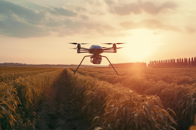 Een drone vliegt bij zonsondergang over een veld