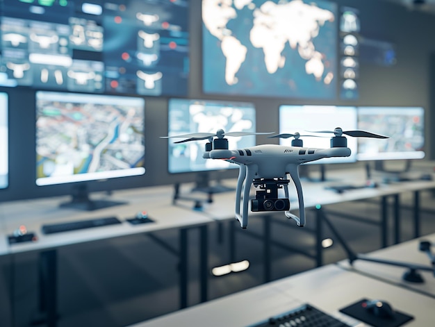 Een drone zweeft in een bewakingscentrum met meerdere schermen die verschillende gegevens weergeven