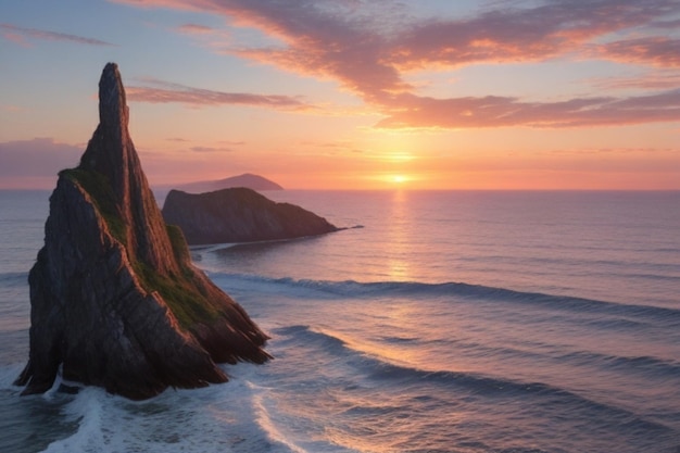 Foto een droomachtig ai-gegenereerd zeegezicht met een majestueuze zonsondergang en een rustige kustlijn