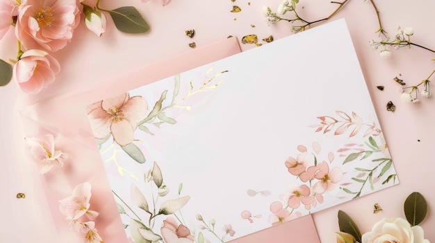 Een droomend en romantisch ontwerp voor zacht roze briefpapier met aquarelbloemen en een vleugje gouden folie