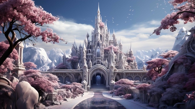 Een droomwereld sneeuwwitte paleis met prachtige decoraties luxueus boven de Generate AI