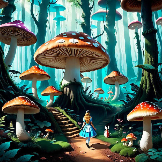 Een droomwoud met gigantische paddestoelen en sprekende dieren in de stijl van Alice in Wonderland.