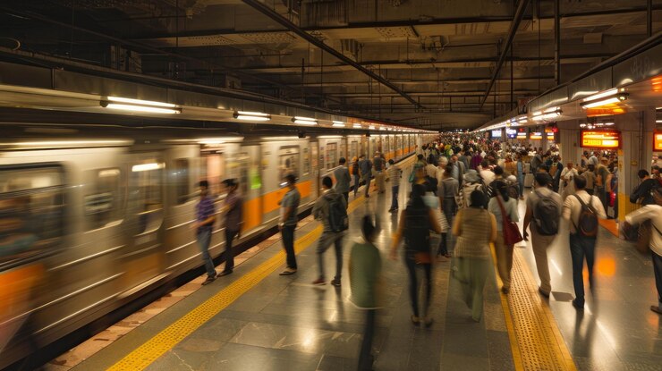 Foto een druk metroplatform met passagiers die in alle richtingen lopen, treinen die wachten, trein die voorbij rijdt, drukke uitwisseling ai generative
