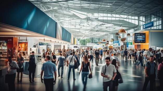 Een drukke beurs met een zee van stands en wazige zakenlieden gegenereerd door AI