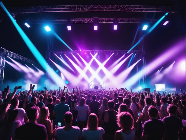 Een drukke concertzaal met een rock-show met podiumverlichting