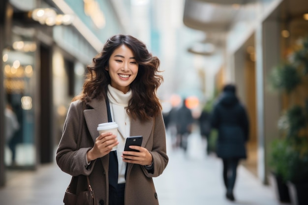 Een drukke jonge professionele Aziatische zakenvrouw met een mobiele telefoon die op een straat in een grote stad loopt.