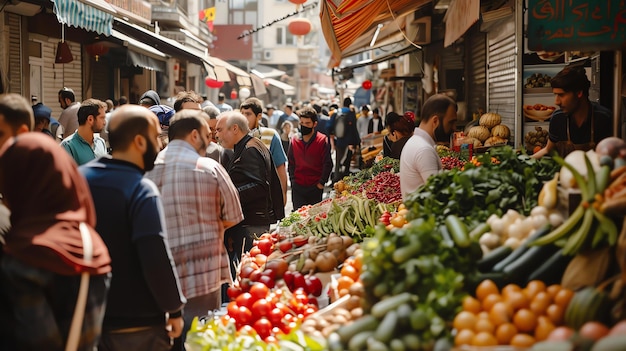 Foto een drukke markt in het midden-oosten zit vol met mensen die verse producten kopen en verkopen