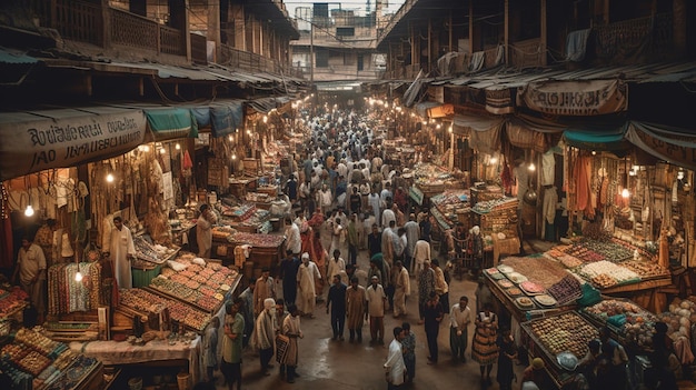 Een drukke markt in India met veel mensen in het midden