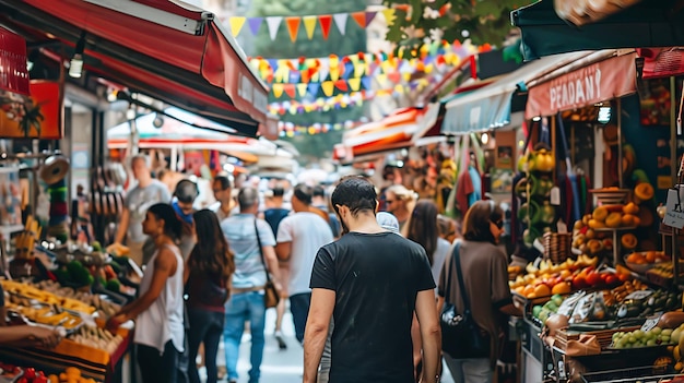 Een drukke markt met mensen die verse producten kopen, kleurrijke vlaggen die boven je hangen en de zon die helder schijnt.