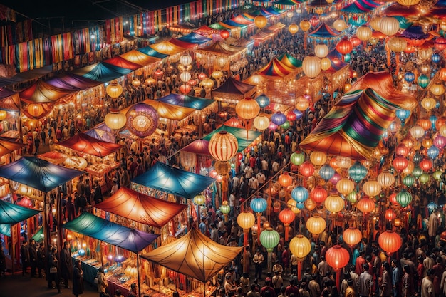Een drukke nachtmarktfeest verlicht door kleurrijke lantaarns, levendige tenten en een bruisende sfeer