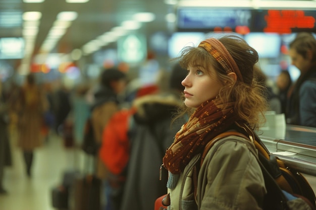 Foto een drukke rij op een luchthaven met reizigers met bagage die in een rij staan