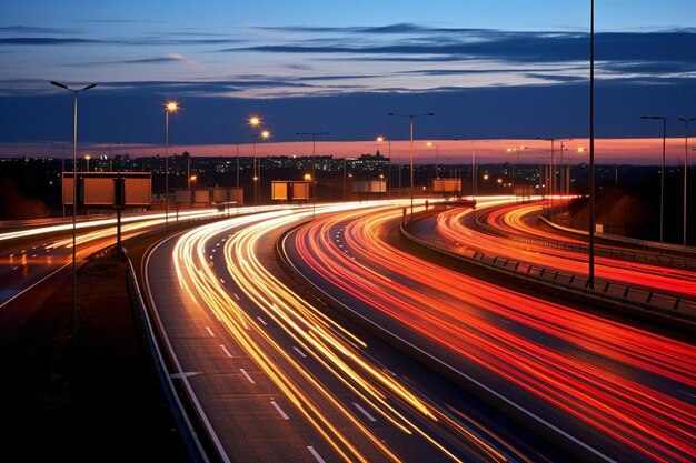 een drukke snelweg met een lichtpad van de koplampen van auto's erop