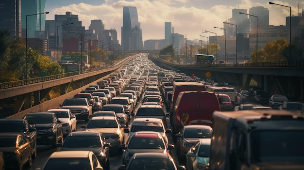 Foto een drukke snelweg met zwaar verkeer bij zonsondergang