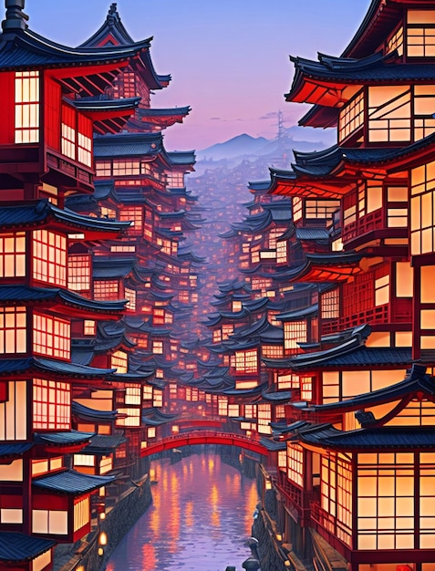 een drukke stad van het oude Japan met behulp van kleurpalet rood en paars high definition voeg veel details