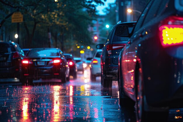 Een drukke stadsstraat met zwaar verkeer op een regenachtige dag