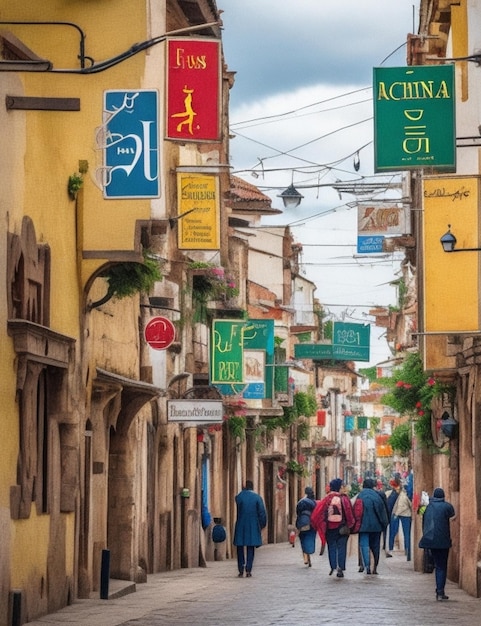 Een drukke straat in een Latijnse stad met een verscheidenheid aan straatborden in verschillende lettertypen