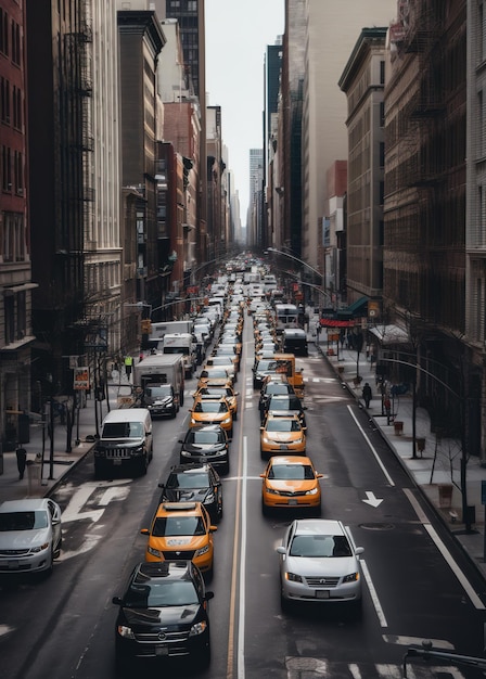 Een drukke straat met veel taxi's en een bord met de tekst nyc.