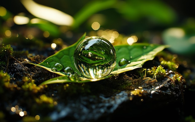 Een druppel water bovenop een groen blad.