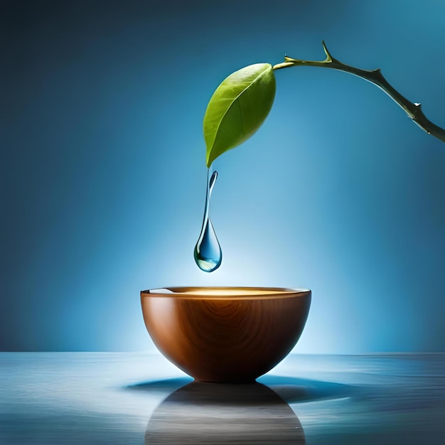 Een druppel water zit in een kom met een blad in het water.