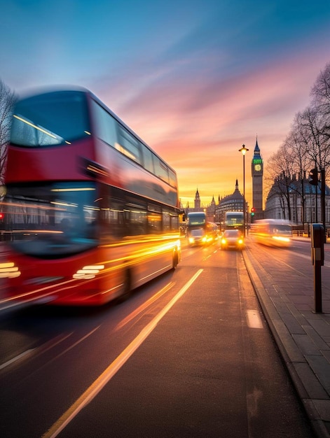 een dubbeldekkerbus rijdt een straat af met een kloktoren op de achtergrond