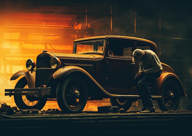 Een dubbele belichting van een monteur en een vintage auto die hun silhouetten vermengen met een