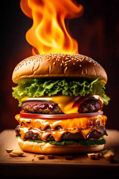 Een dubbele cheeseburger met een vlam bovenop.