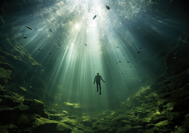 Een duiker die in een rustig onderwatermeer drijft, waarbij de weerspiegeling van de omringende bomen ontstaat