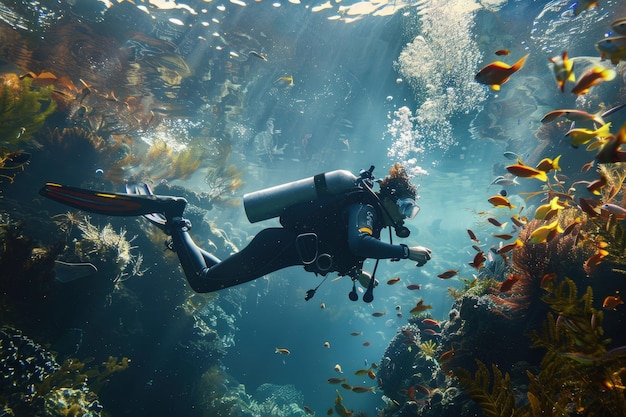 Een duiker in een groot aquarium met veel vissen