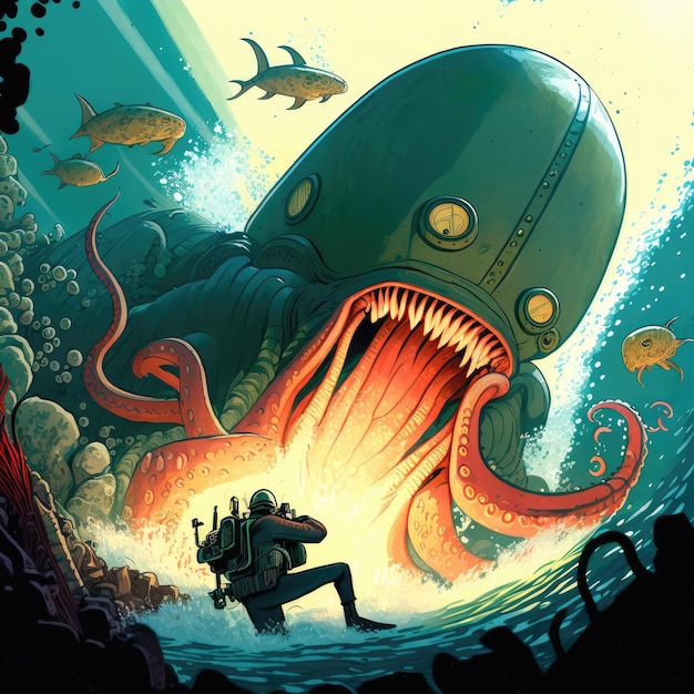 Een duiker vecht tegen een enorme octopus Generatieve AI