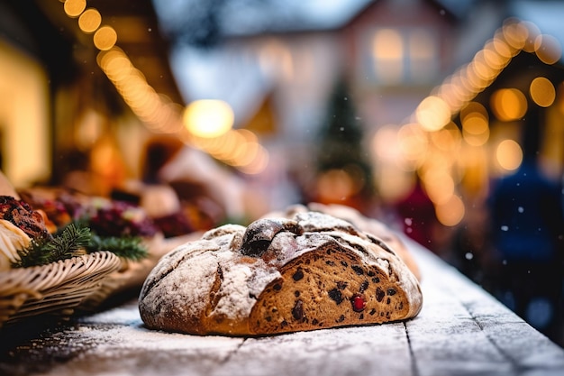 Een Duits Stollen-fruitbrood met een vrolijke kerstmarkt zachtjes uit de focus op de achtergrond