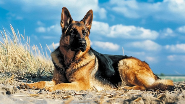 een Duitse herder ligt in het gras met een blauwe hemel op de achtergrond