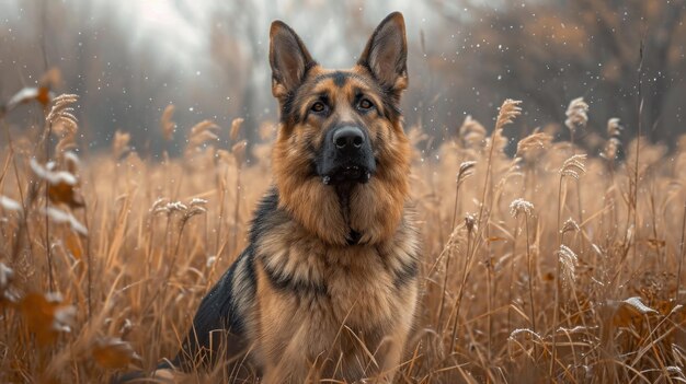 Een Duitse herdershond zit in een veld met hoog gras ai