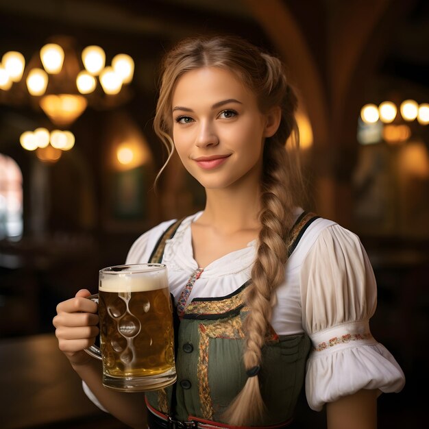 Foto een duitse jonge vrouw houdt een groot glas bier vast