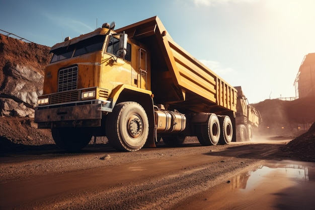 Een dumptruck rijdt over een onverharde weg en vervoert zware ladingen materiaal. Vrachtwagen voor het laden van bulklading ijzererts op een bouwplaats. AI gegenereerd