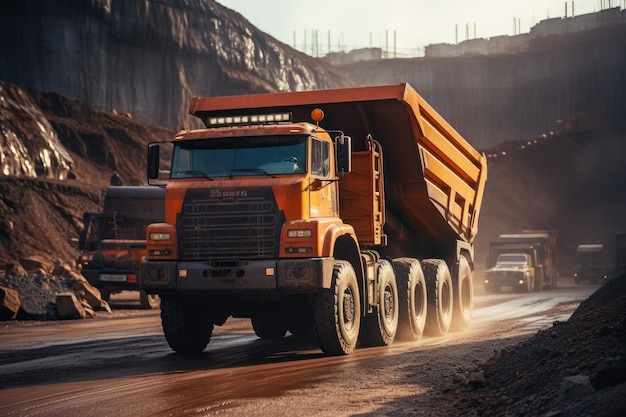 Een dumpwagen rijdt over een onverharde weg en laat een spoor van stof achter. Een vrachtwagen voor het laden van ijzererts op een bouwplaats.