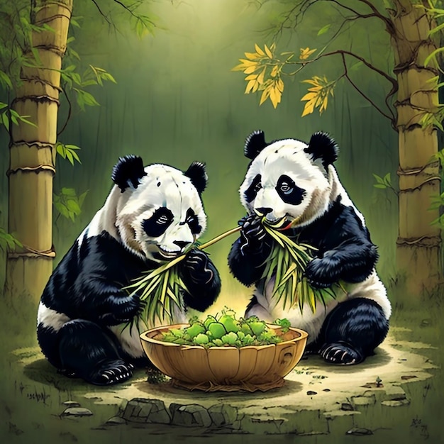 Een duo van schattige panda's genieten van een heerlijk bamboe feest