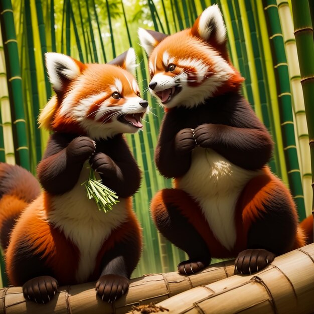 Een duo van schattige rode panda's genieten van een heerlijk bamboe feest