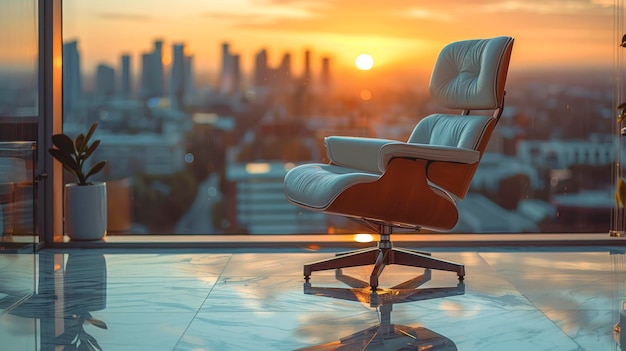 Een dure stoel in een glazen kantoor met uitzicht op de stad.