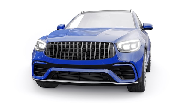 Een dure ultrasnelle SUV-sportwagen voor opwindend rijden in de stad op de snelweg en op het circuit 3D-model van een blauwe auto op een witte geïsoleerde achtergrond 3D-rendering