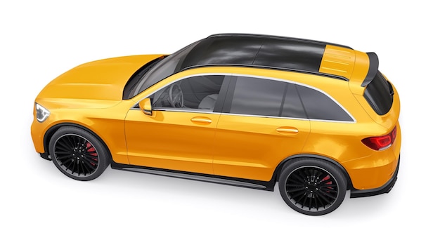 Een dure ultrasnelle SUV-sportwagen voor opwindend rijden in de stad op de snelweg en op het circuit 3D-model van een oranje auto op een witte geïsoleerde achtergrond 3D-rendering