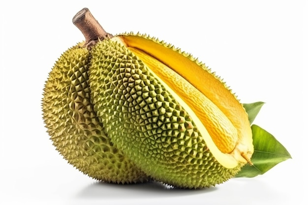 Een durian met een groen blad erop