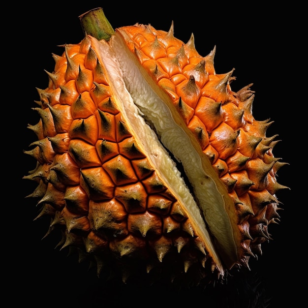 Een durian met een zwarte achtergrond en een grote durian met een grote hap eruit.