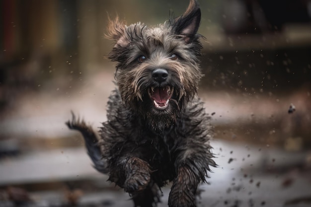 Een dwaas en innemend beeld van een ondeugende hond die halverwege springt in een grillige wereld HighResolution-foto die speelse hondenpersoonlijkheid vastlegt