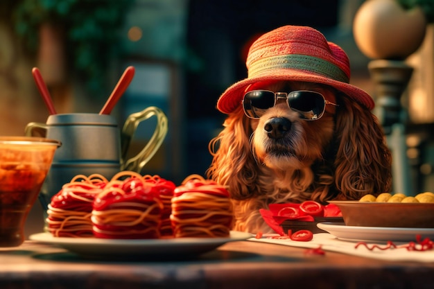 Een dwaas uitziende hond met een strooien hoed op en een zonnebril die tevreden aan een tafel zit met een kom spaghetti en gehaktballen