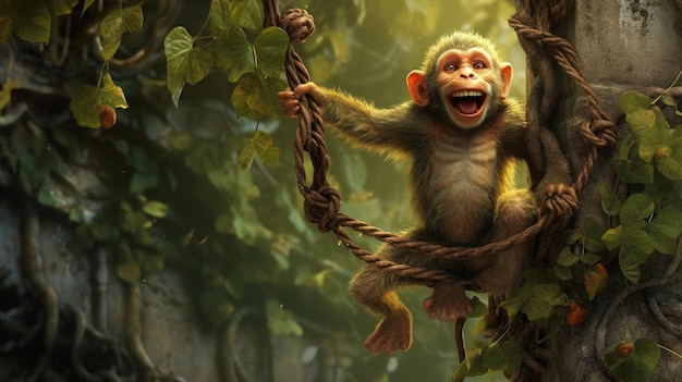 Een dwaze aap die op door AI gegenereerde wijnstokken slingert