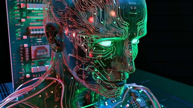 Een dynamisch beeld van een futuristische AI-hersenprintplaat geïntegreerd in een humanoïde robotkop met gekleurde verlichting