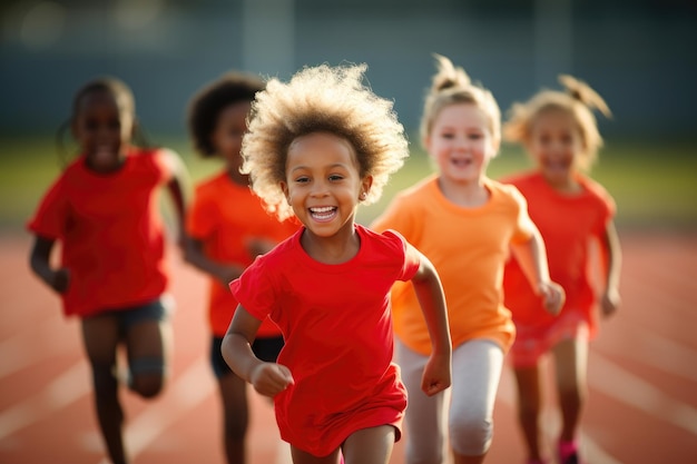 Een dynamisch beeld van een groep kinderen die energiek op een atletiekbaan rent Groep kinderen vol vreugde en energie die op atletiekbaan rennen AI gegenereerd