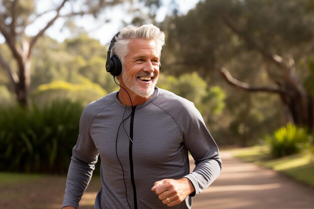 Een dynamisch en inspirerend beeld van een oudere man die buiten in een park hardloopt